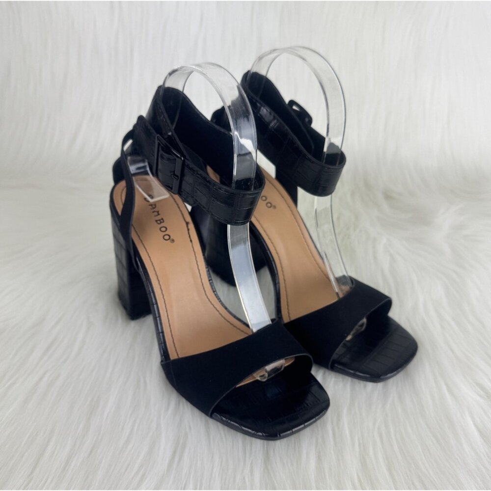 Women's Bamboo Milestone Croc Accent Ankle Strap Chunky Block Heel Sandals Black - Picture 4 of 8